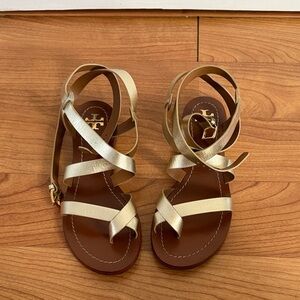 Tory Burch Metallic Gold Strappy Leather Sandals in Size 36